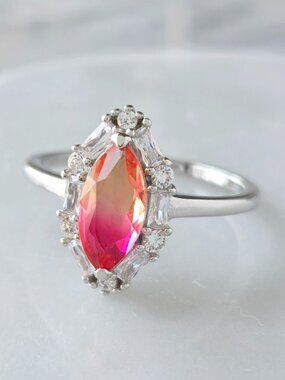 Pink & Peach Marquise Tourmaline Ring, 925 Sterling Silver
